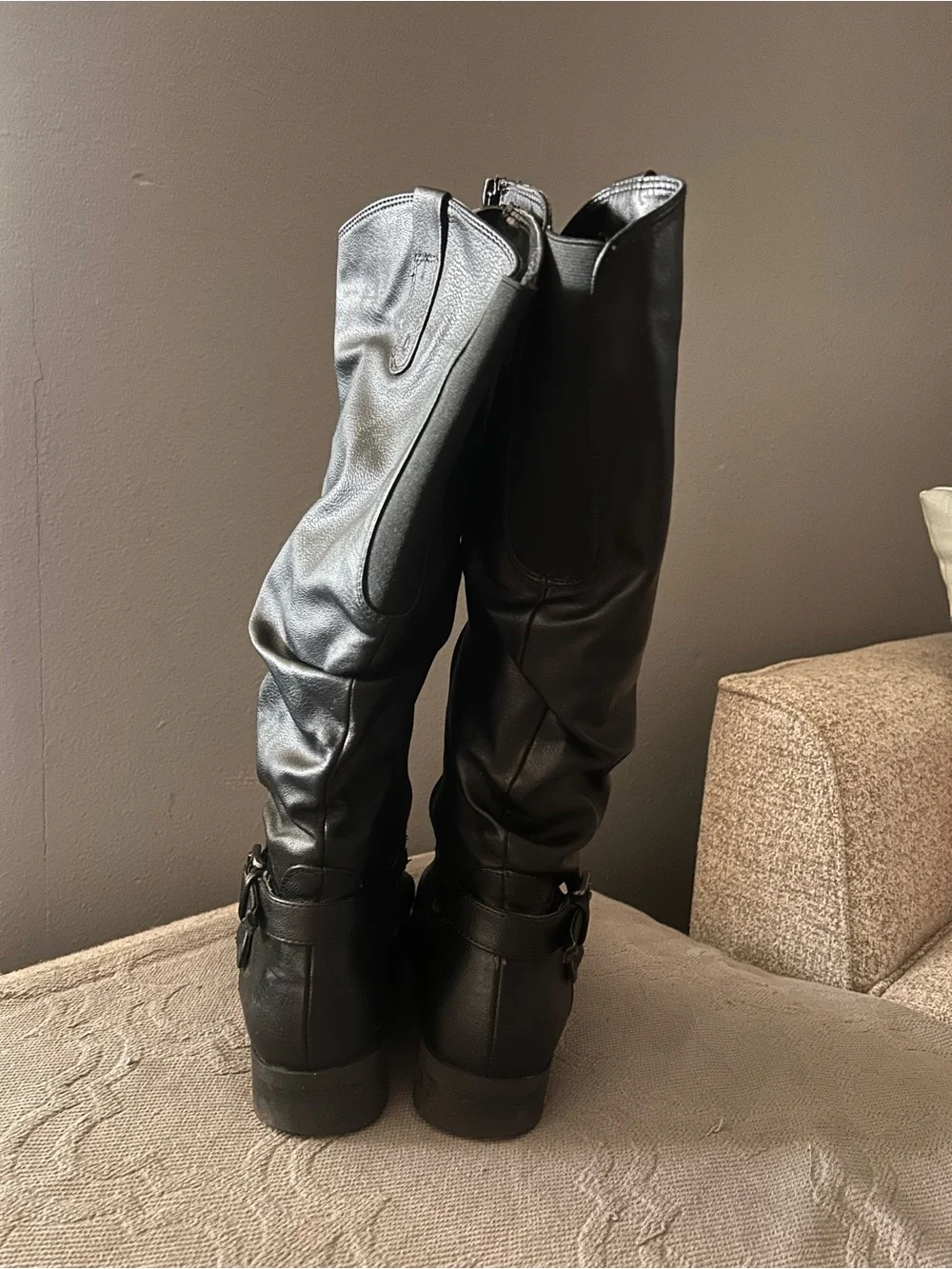 Tall Black Leather Buckle Boots